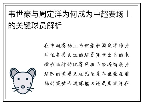 韦世豪与周定洋为何成为中超赛场上的关键球员解析