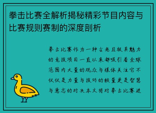 拳击比赛全解析揭秘精彩节目内容与比赛规则赛制的深度剖析